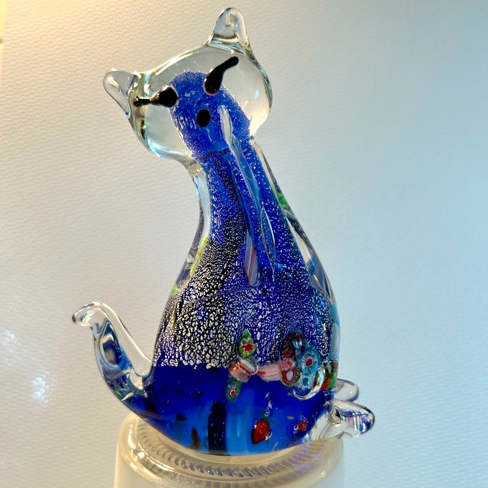 Art glass cat 4.4” tall, Murano style figurine in blue.